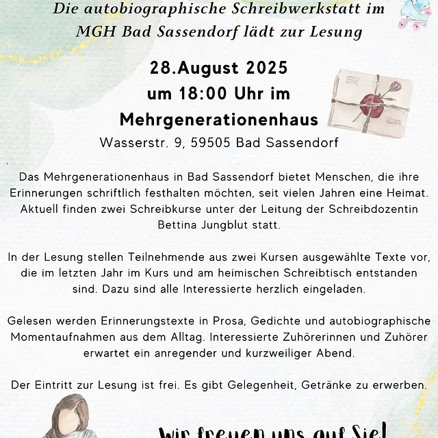 Lesung des Autobiographischen Schreibkurses am 28.08.2025 ab 18:00 Uhr