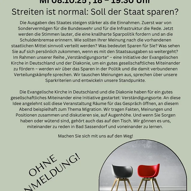 Verstädigungsort Bad Sassendorf. Am 08.10.2025 von 18:00 - 19:30 Uhr. Thema: Soll der Saat sparen?. Eine Anmeldung ist nicht nötig.
