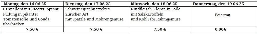 Der Speiseplan von Montag bis Donnerstag wird gezeigt. Dieser kann telefonisch unter 02921 3441665 erfragt werden.