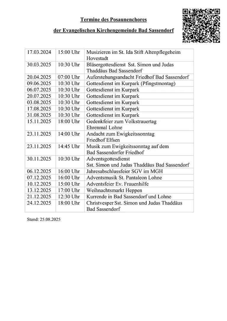 Hier sind alle Termine des Posaunenchores im ganzen Jahr aufgelistet. Vorlese über den vorausgehenden Link "Lesen"