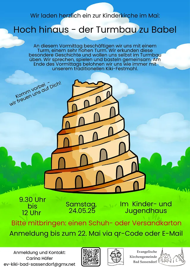 Plakat für Kinderkirche am 24.05.2025 "Hoch hinaus - der Turmbau zu Babel"