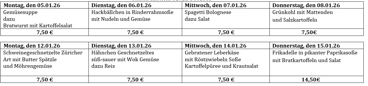 Speiseplan der Cafeteria