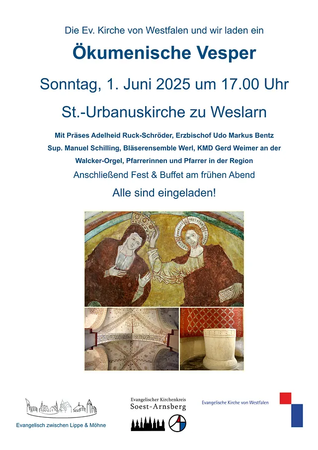 Plakat: Ökumenische Veser am 01. Juni in der Weslarner Kiche mit leitnden Personen aus den Kirchenleitungen und Pfarrerinen und Pfarrern aus der Region