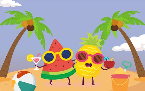 Auf dem Bild sind Strand, Palmen und 2 lustige Figuren gezeichnet.