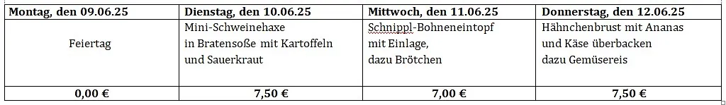 Der Speiseplan von Montag bis Donnerstag wird gezeigt. Dieser kann telefonisch unter 02921 3441665 erfragt werden.
