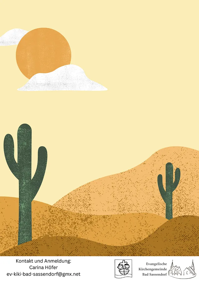 Auf dem Bild sind Sand.Palmen und eine Sonne gezeichnet, die die Wüste erhitzt