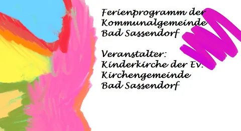 Bild mit der Aussage, dass die kunterbunte Steine-Party von der Kinderkirche der evangelischen Kirchengemeinde im Ferienpprogramm der Kommunalgemeinde veranstaltet wird