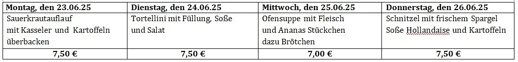 Der Speiseplan von Montag bis Donnerstag wird gezeigt. Dieser kann telefonisch unter 02921 3441665 erfragt werden.