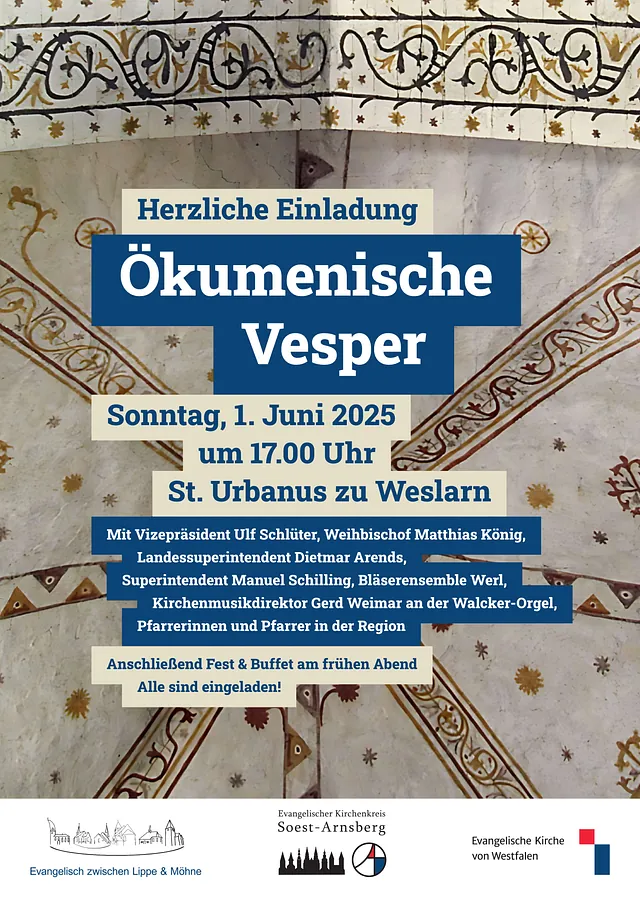 Plakat: Ökumenische Veser am 01. Juni in der Weslarner Kiche mit leitnden Personen aus den Kirchenleitungen und Pfarrerinen und Pfarrern aus der Region
