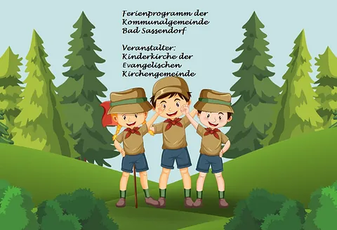 Bild mit der Aussage, dass der Waldabenteuer-Tag von der Kinderkirche der evangelischen Kirchengemeinde im Ferienpprogramm der Kommunalgemeinde veranstaltet wird